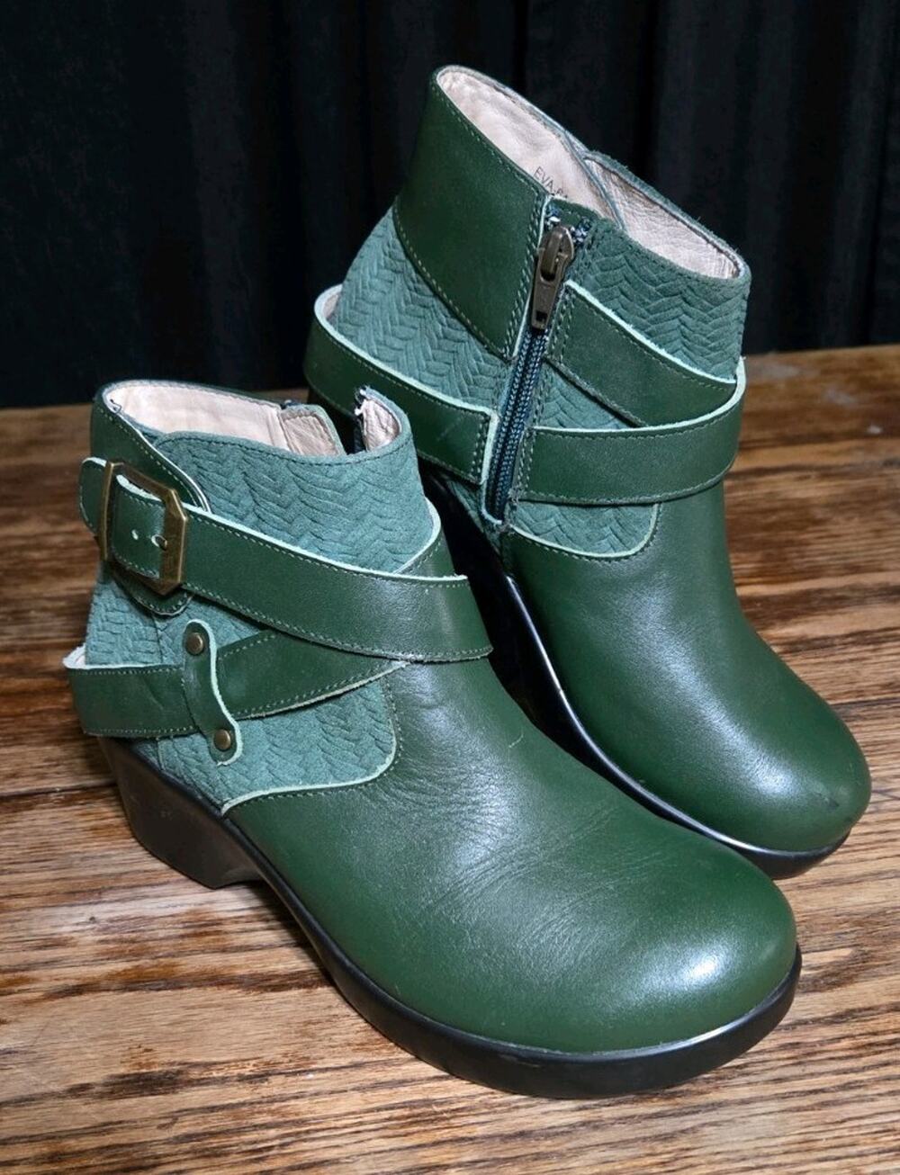 Alegria Boots Womens 37 Eva Evergreen Biker Side Zips Wedge Heels Green Leather